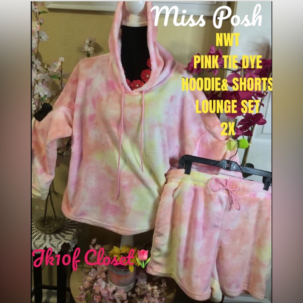 LOWEST 🌺 NWT Miss Posh 2X PLUSH FLEECE PINK TIE DYE HOODIE & SHORTS